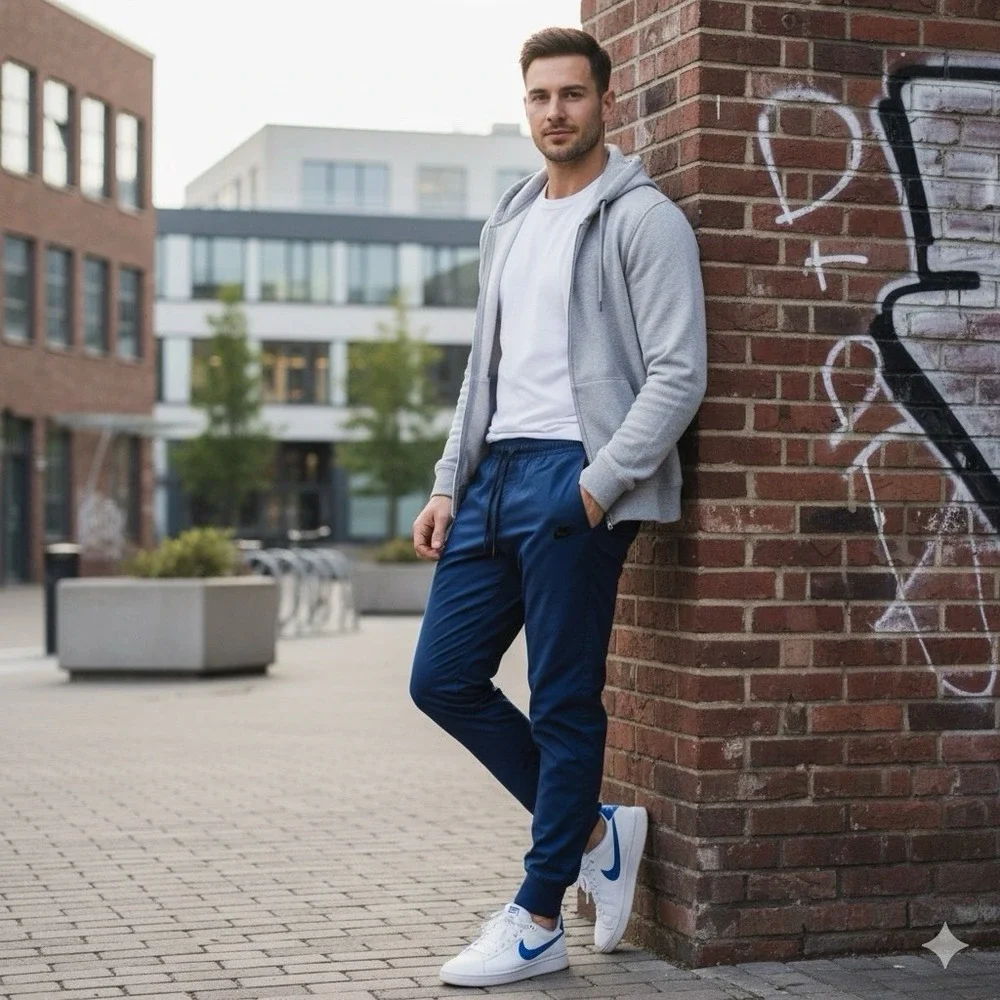 Nike Blue Jogger Pants Men's Medium Elastic Waist Cuffed Ankle Logo Zip‎ Fly